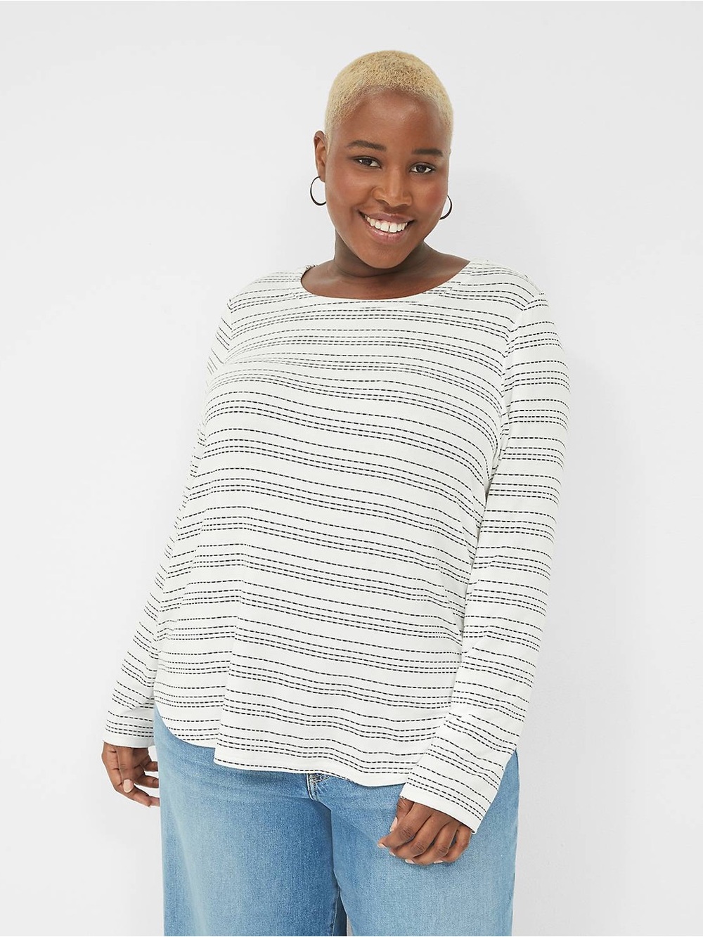 Lane Bryant White Long-Sleeve Striped Crewneck Top